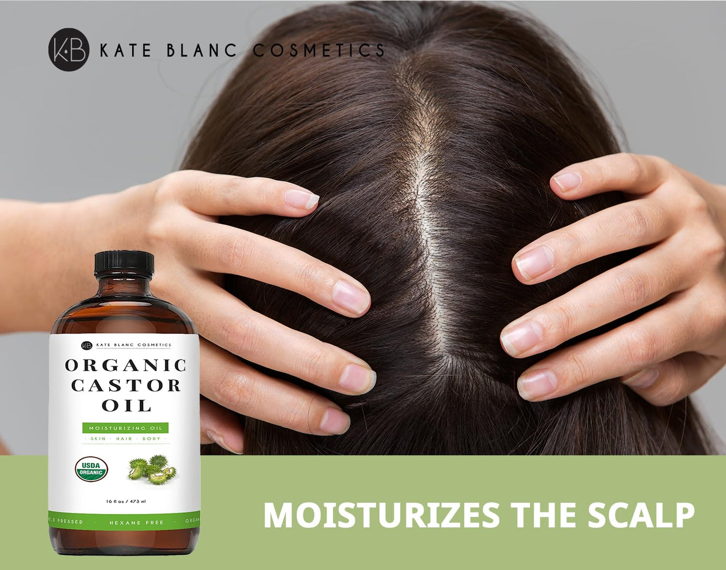 Kate Blanc Cosmetics Castor Oil for Face, Hair & Skin (16oz, Organic, Cold Pressed, Hexane-Free) Moisturizer for Eyelashes, Eyebrows, and Scalp