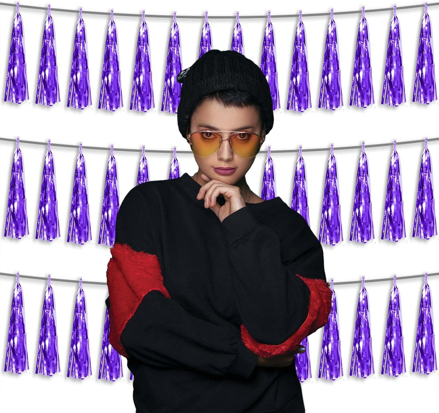 3P Metallic Fringe Tassel Banner Garland Foil Tinsel Streamer Wall Hanging Curtain Backdrop Banner for Parade Floats,Graduation Decorations, Father's Day Party Decoration(Purple)