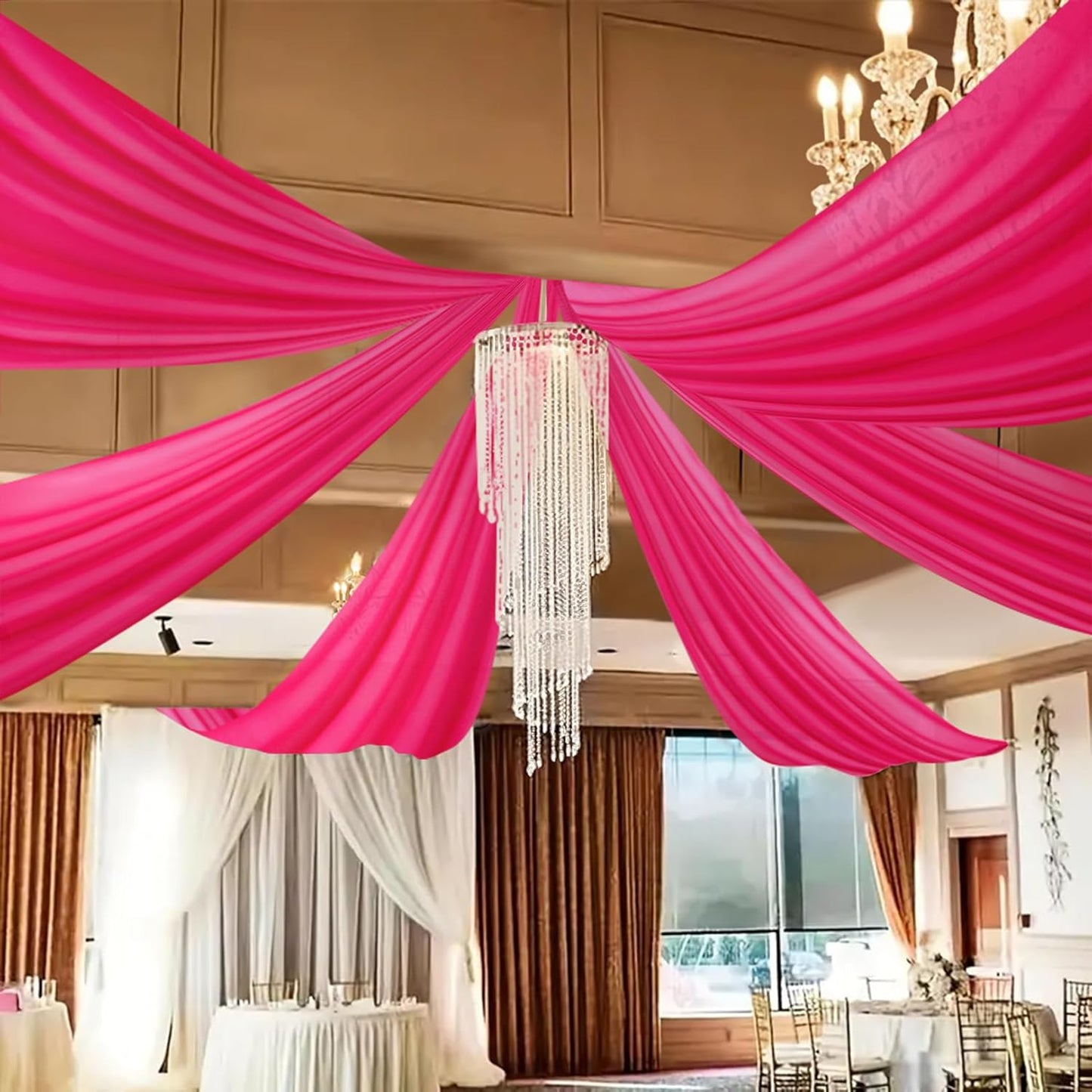 DUOBAO Elegant 20ft Hot Pink Chiffon Wedding Curtains - 6 Panels Sheer Drapes for Stage, Tent, and Photo Backdrops
