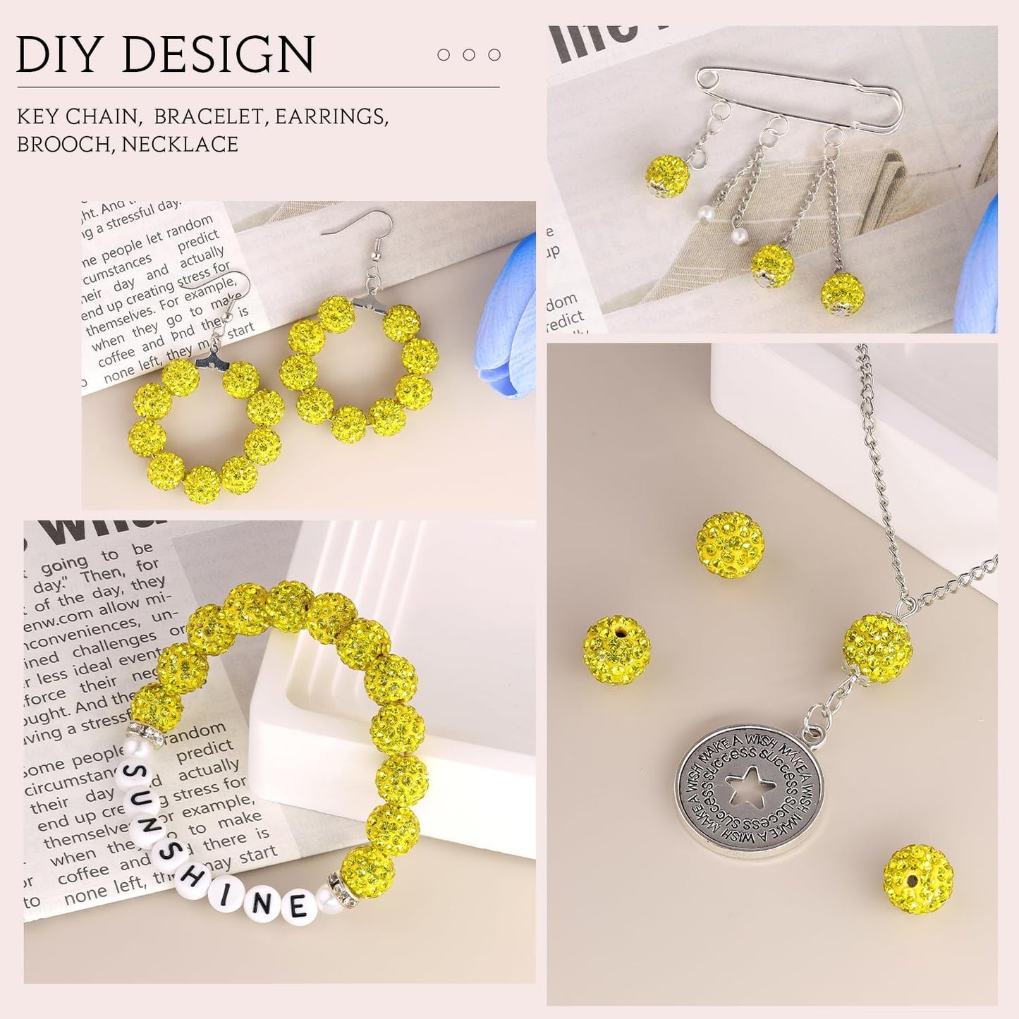 100 pcs 10mm Rhinestone Beads for Jewelry Making, Yellow Shiny Round Shamballa Disco Beads Bulk, Sparkle Crystal Clay Christmas for Bracelet Baseball Necklace Earring Crafting and DIY