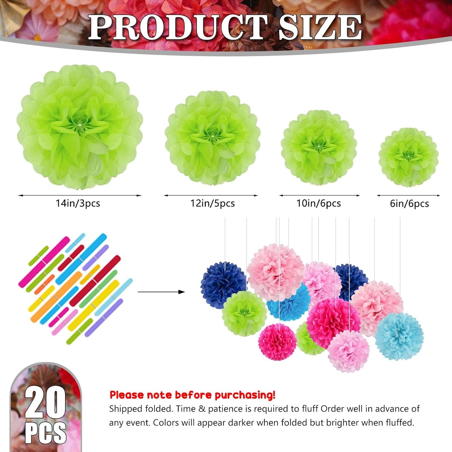 Tissue Paper Pom Poms, Bright Green Tissue Paper Flowers, Hanging Flower Balls for Weddings Fiesta Parties Birthday Baby Showers Classroom Bridal Shower Decoration (20Piece Set-6/10/12/14Inch)