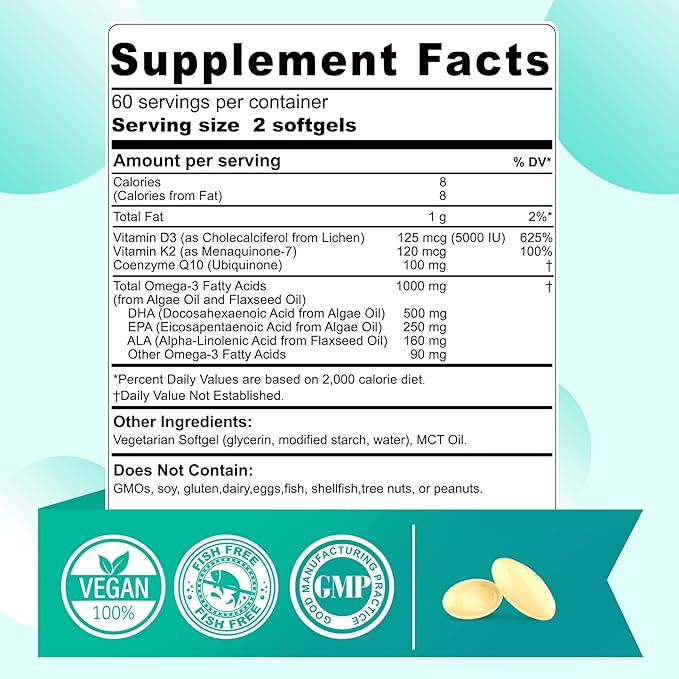 Vegan Omega 3 DHA EPA ALA Supplement with 5000IU Vitamin D3 K2 (MK7), CoQ10 for Women Men | Fish Oil Alternative | Plant Based Algae Oil Omega 3 1000mg Pills for Bone, Brain, Eye, Skin | 120 Softgels