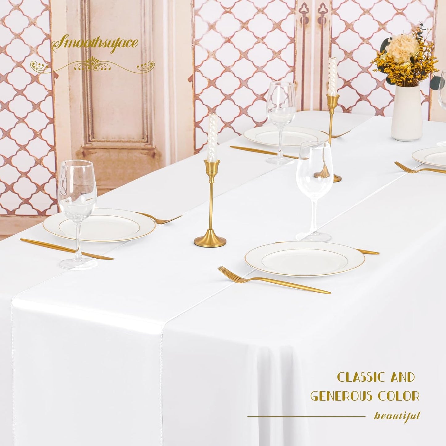 12 Pack White Satin Table Runner 12 x 108 inch Long Premium Smooth Table Runner for Wedding, Banquets, Birthday, Party, Graduation, Engagements,Table Runners fit Rectangle and Round Table