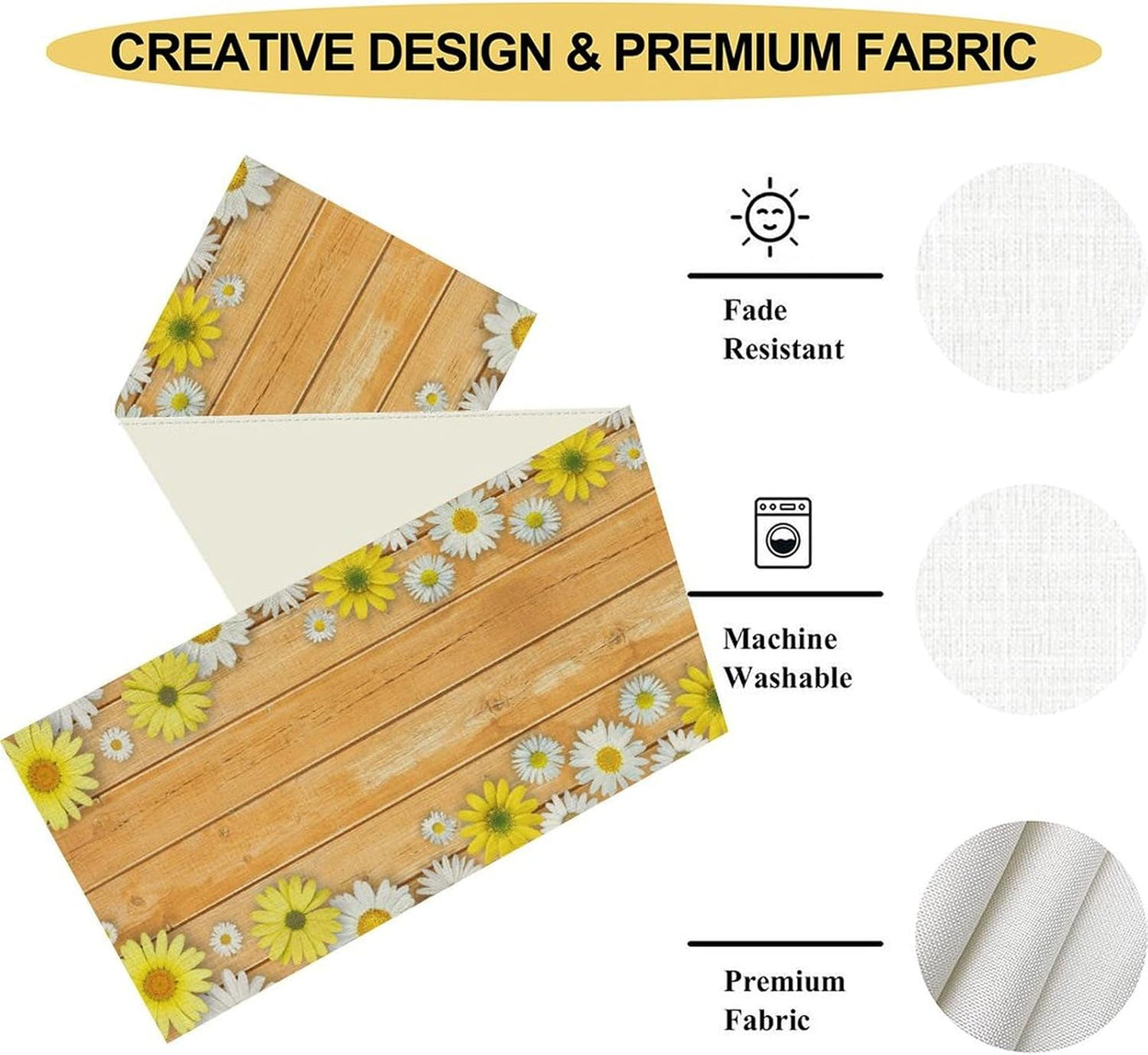 Farmhouse Floral Table Runner, Spring Seasonal Yellow Daisy Sunflower Retro Wooden Country Table Center Decor for Home Kitchen Dining Patio Holiday Party Table Decorations, 13"x108" Inch