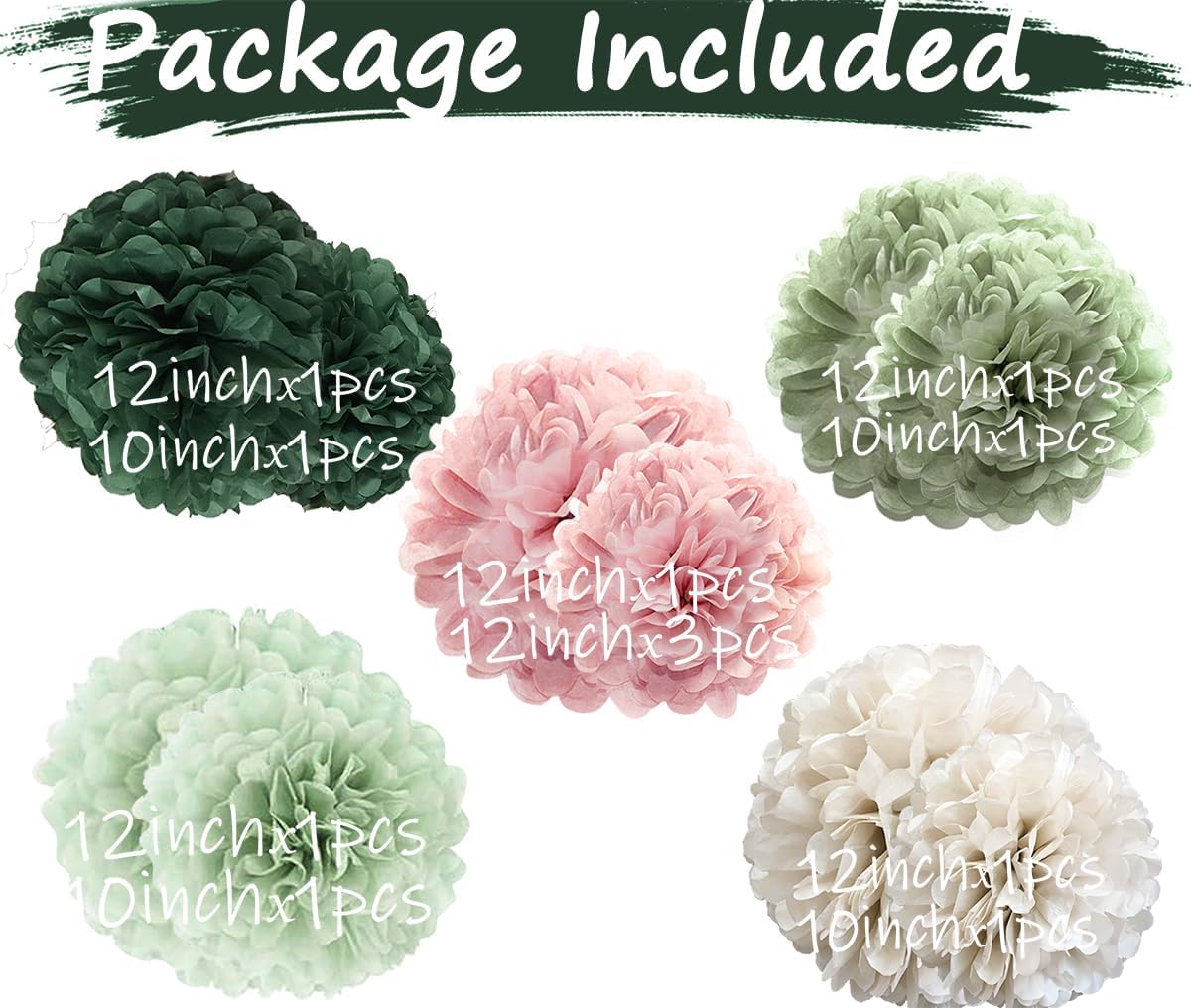 Tissue Paper Pom Poms Kit Paper Flowers 12pieces for Gender Baby Shower Wedding Bridal Bachelorette Birthday Party Decorations (Boho Green + Dusty Pink)