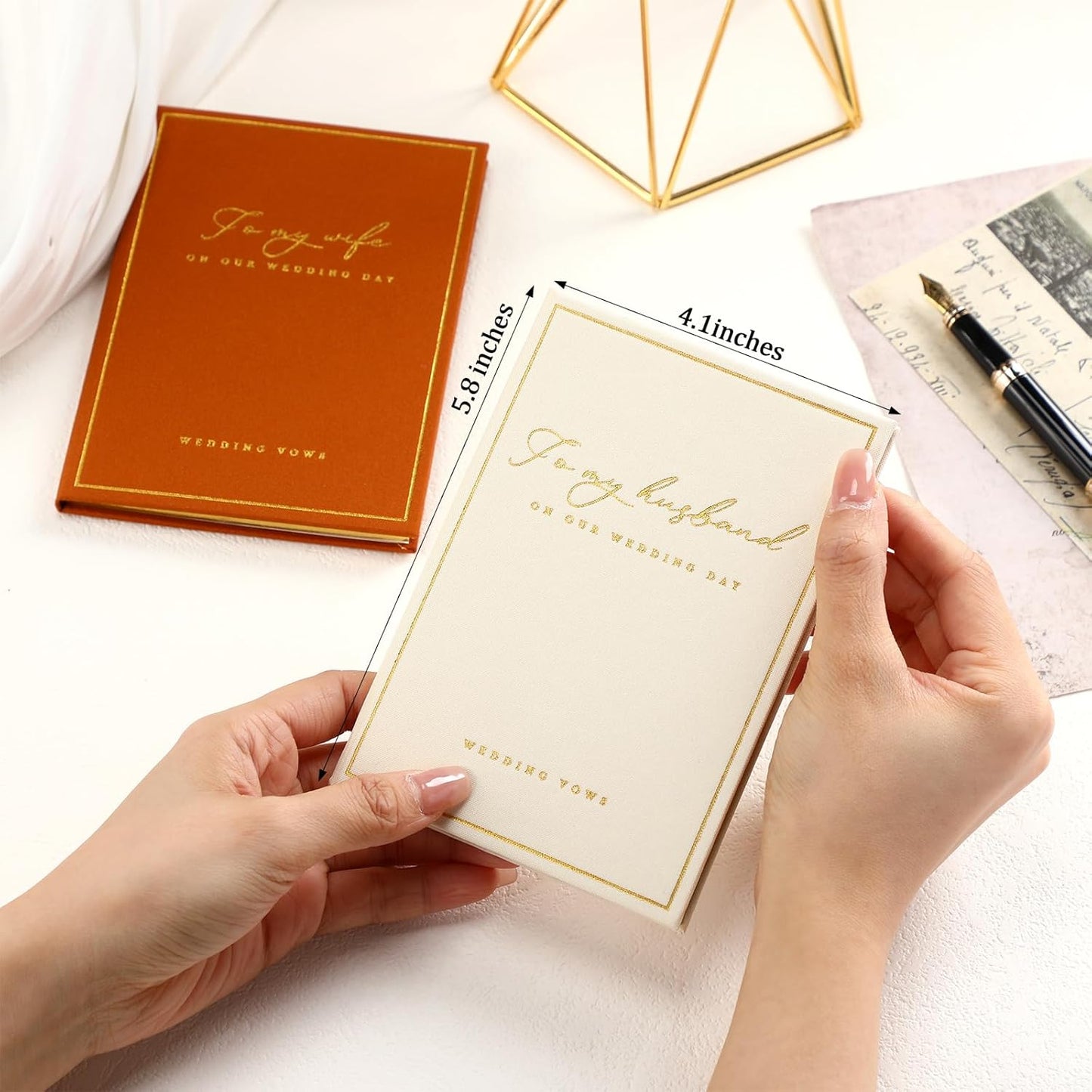 2 Pcs Wedding Vow Books His and Her to Husband Wife Wedding Must Have Registry Ideas Gold Foil Lined Page Premium Engagement Gift for Guest Groom Newly Engaged Couple(Brown-Beige)