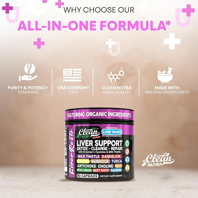 Clean Nutra Liver Cleanse Detox & Repair Supplement Milk Thistle, NAC, TUDCA, Dandelion Root, Artichoke, Choline, Ginger, Beet Root, Burdock, Taurine, Liver Resto 90 Capsules