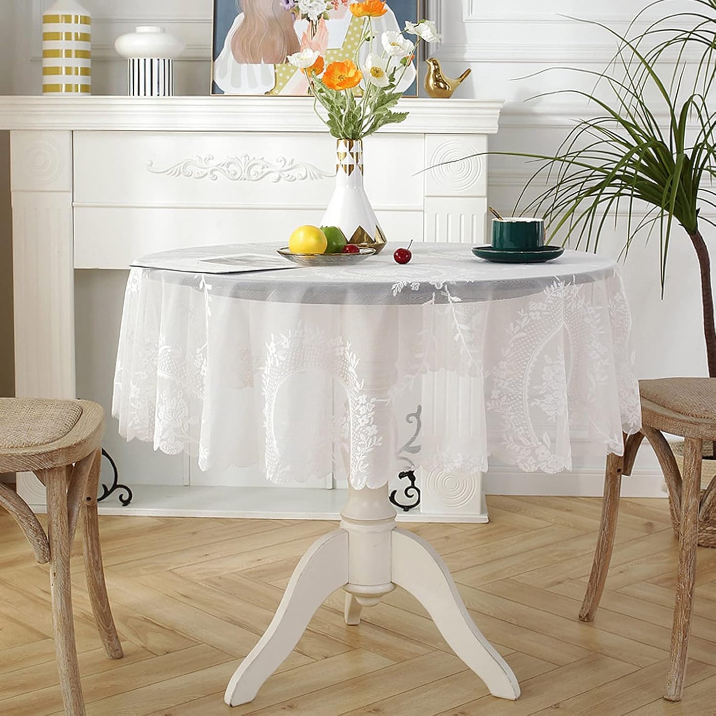 Jeloris Round Lace Tablecloth with Elegant Scalloped Bottom for Any Special Event Such as Wedding, Birthday Party, Baby Shower, Anniversary (48 inch, Style 6)