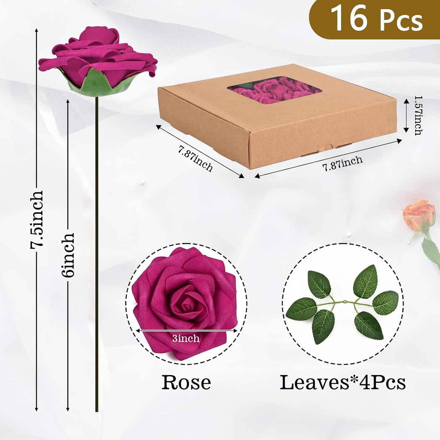 BLEUM CADE 16Pcs Artificial Flowers Fake Roses with Stems, Rose Red Boxed Foam Roses for DIY Bouquets Centerpieces Wedding Party Arrangement Bridal Shower Decor