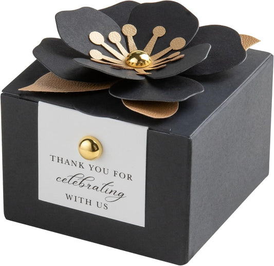 FEIYI 20 PCS Candy Boxes, 3 In 1 Black Favor Boxes with Floral Decor, White Thank You Tags Gift wrapping for Wedding Birthday Baby Shower Decorations Party -2.55x2.55x1.77''