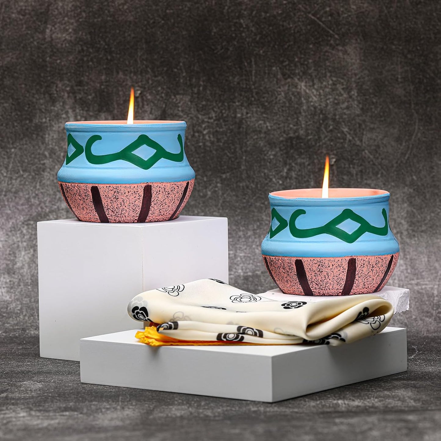 Lavender Candles, Scented Candles Gift Set for Women, Coarse Pottery Container，Natural Soy Wax, Set 2 Pack, Total 16oz, 90 Hours of Burn, One Silk Scarf，Candles for Home Scented