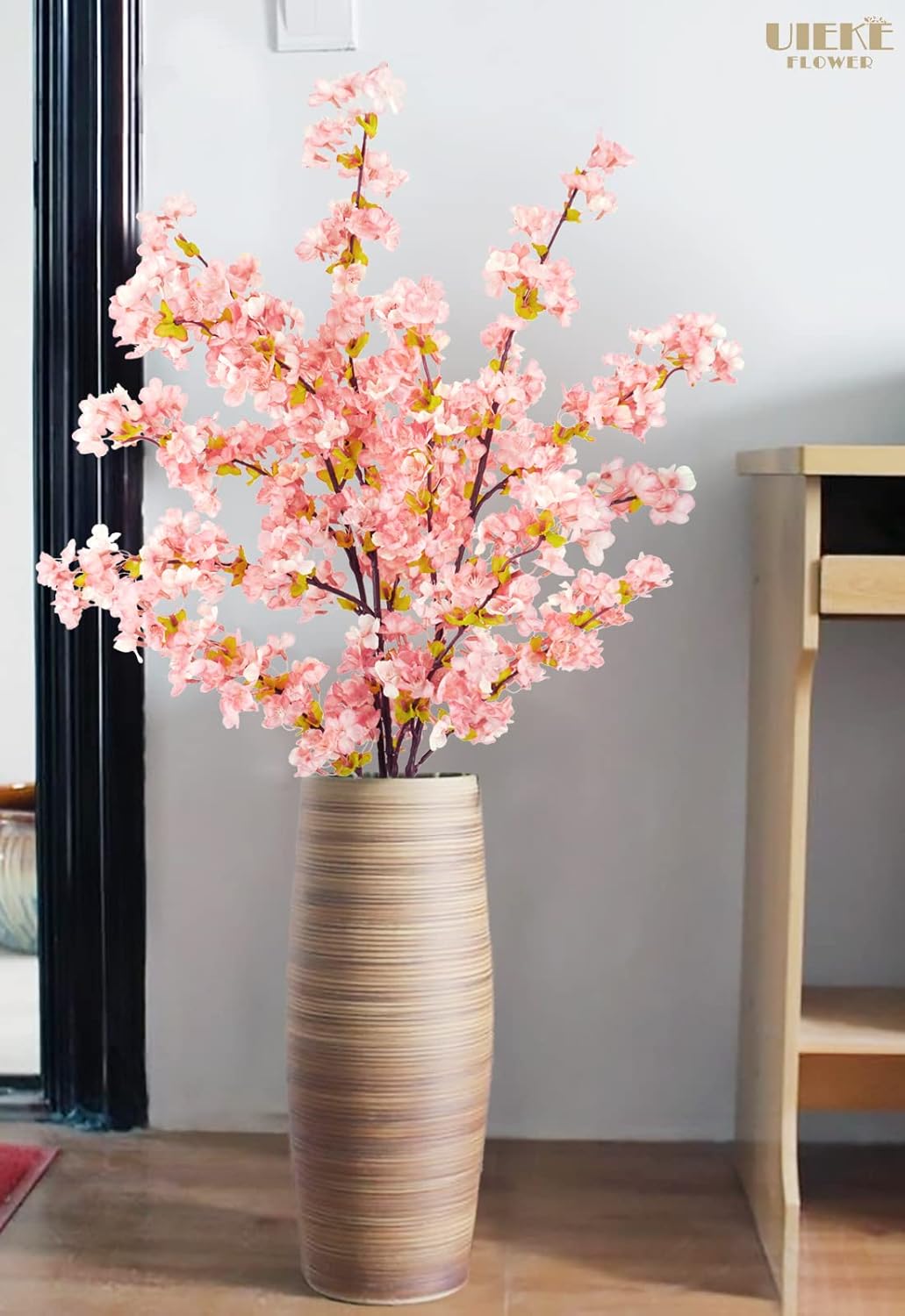 Uieke Silk Cherry Blossom Branches, 39.3in Artificial Cherry Blossom Tree Stems, Fake Plum Blossom Flowers Arrangement for Wedding Home Japanese Decor, Set of 3, Pink
