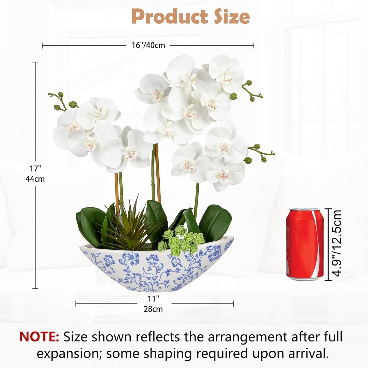 Briful White Orchid Fake Flowers 17in Artificial Orchid Silk Flowers in Blue and White Ceramic Pot Faux Orchid Arrangement for Home Office Bathroom Dining Table Modern Decoration