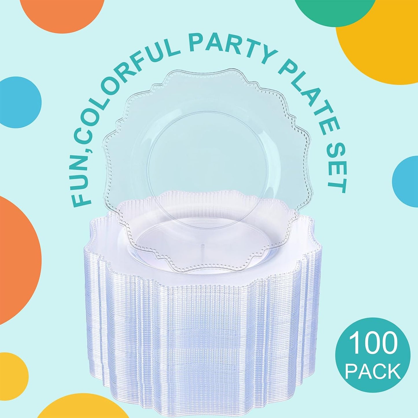 COLOSUS 100pcs 9.5 Inch Clear Plastic Plates,Heavy Duty Disposable Dinner Plates,Fancy clear Plates,Premium Plastic Dinner Plates for Party,Wedding and Everyday Use