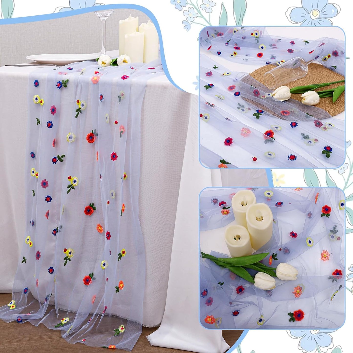 BINBE 12pcs Daisy Fall Table Runner Embroidery Gauze 10FT Florals Seasonal Tulle Holiday Birthday Kitchen Dining Table Decor for Home Party Blue