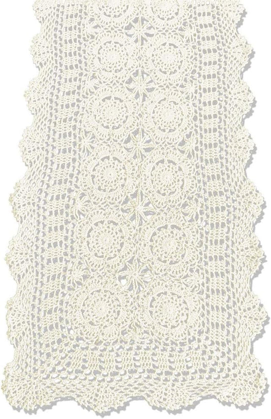 KEPSWET Cotton Handmade Crochet Lace Table Runner Beige Rectangle Coffee Table Dresser Decor (14x36 inch)