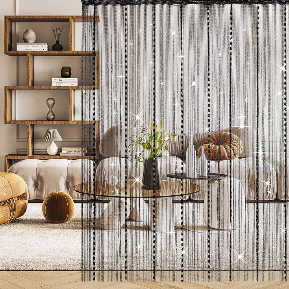 Hysenm Door String Curtains 39x79 Inch Black Panel Soft Balls Romantic Glitter Fringe Room Divider Home Décor Wedding Girls Bedroom Window Living Room Backdrop Party Doorways Closet