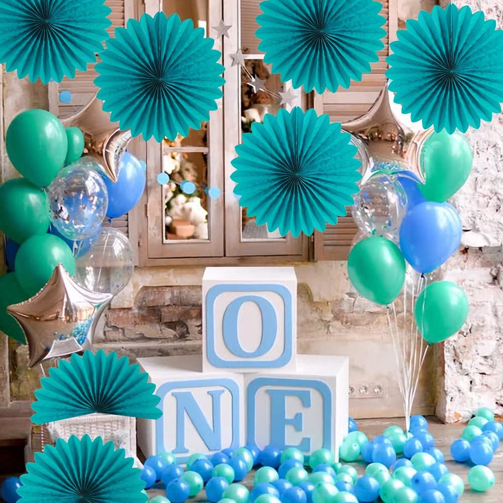 Easy Joy Teal Party Decorations Paper Fans Birthday Wedding Home Party Hanging Decoration, Set of 6 (14 Inches, Teal)