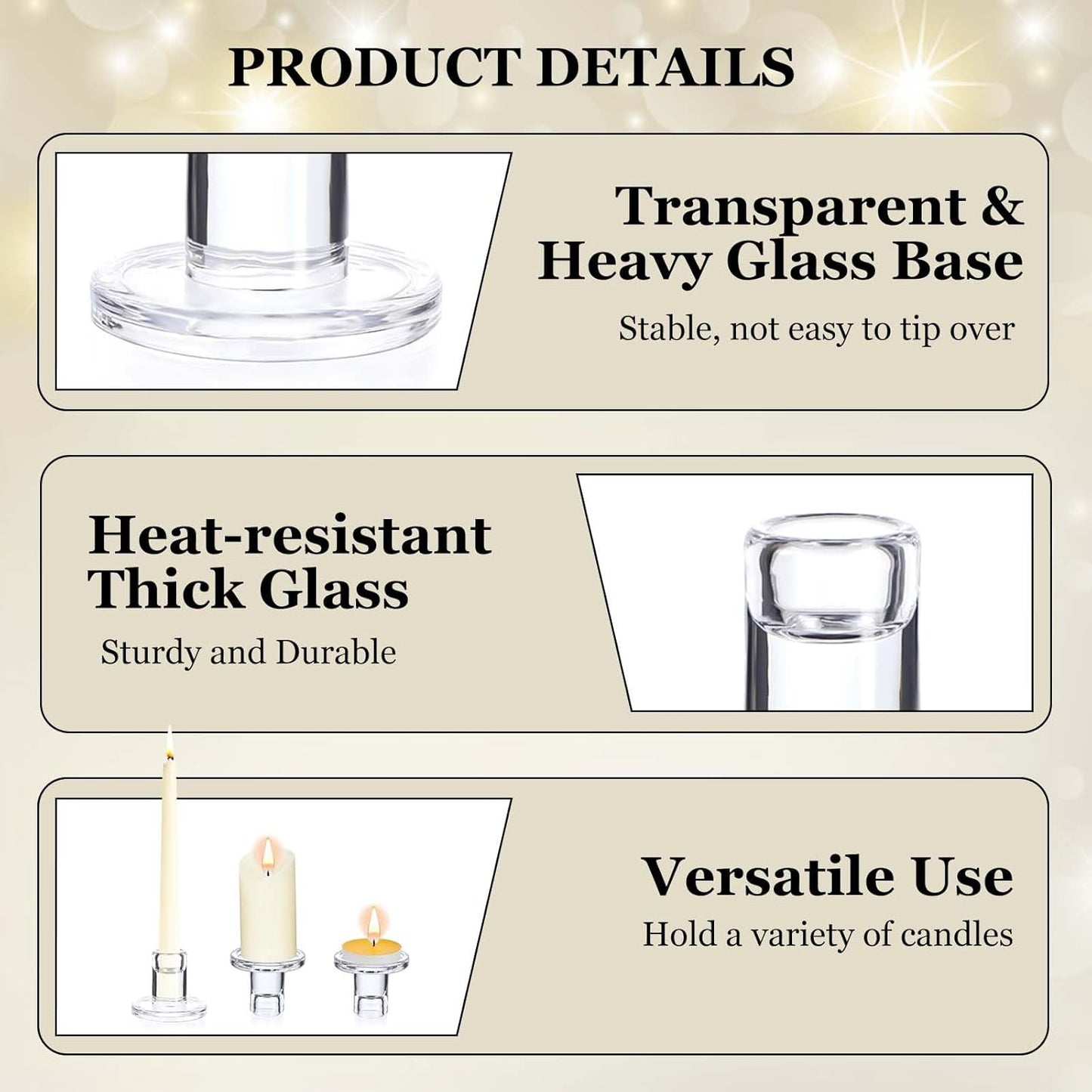 12-Pack Clear Taper Candle Holders, Glass Candlestick Holders for Tapered Candles, 2.2" H with 2.7" Base - Bulk Glass Candle Sticks for Weddings, Tables, Fireplace Mantel Decor