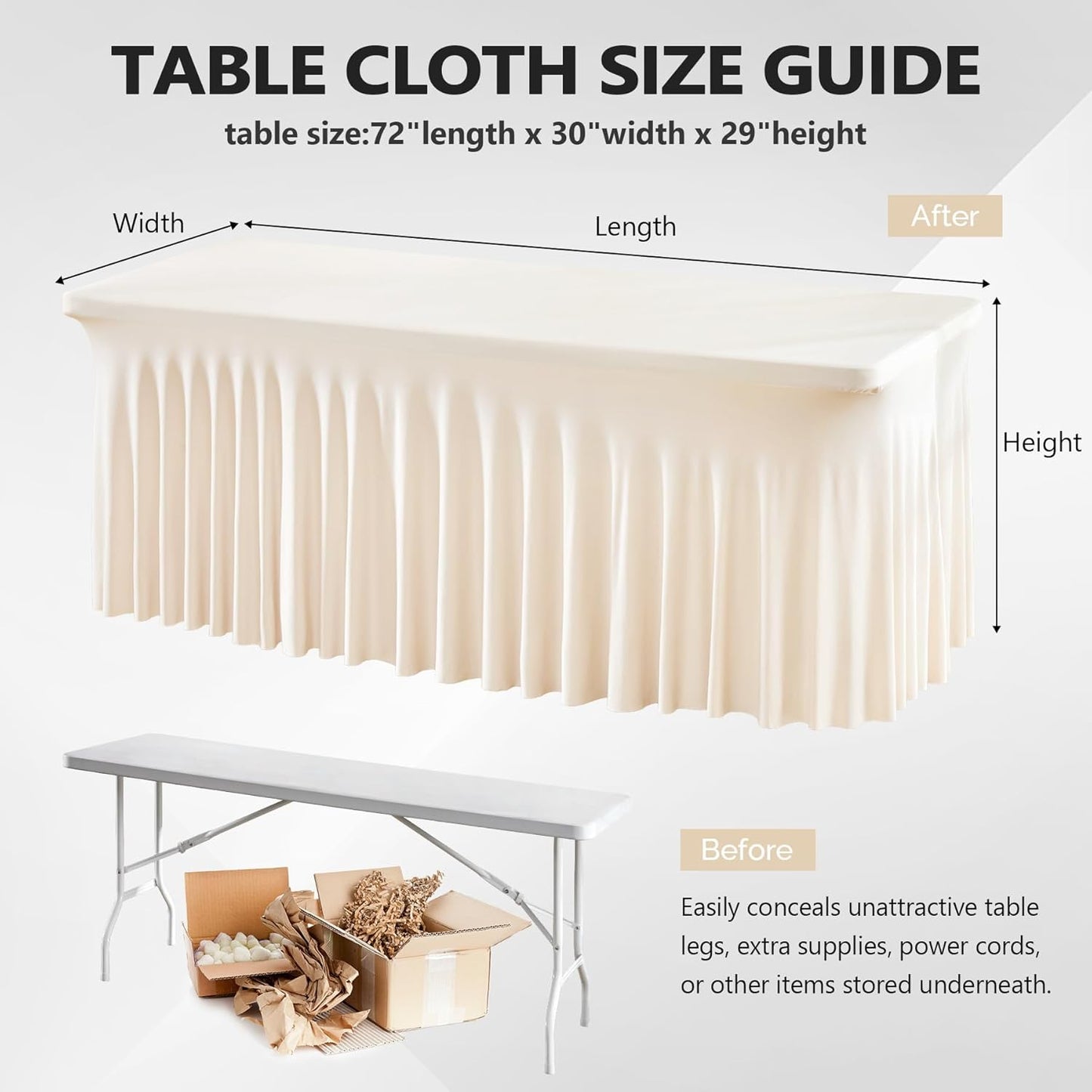 Wish Care 2 Pack Ivory Spandex Table Clothes for 6 Foot Rectangle Tables, 6FT Wrinkle Free Fitted Tablecloths Ruffles Design Table Cover for Party, Banquet, Wedding and Events
