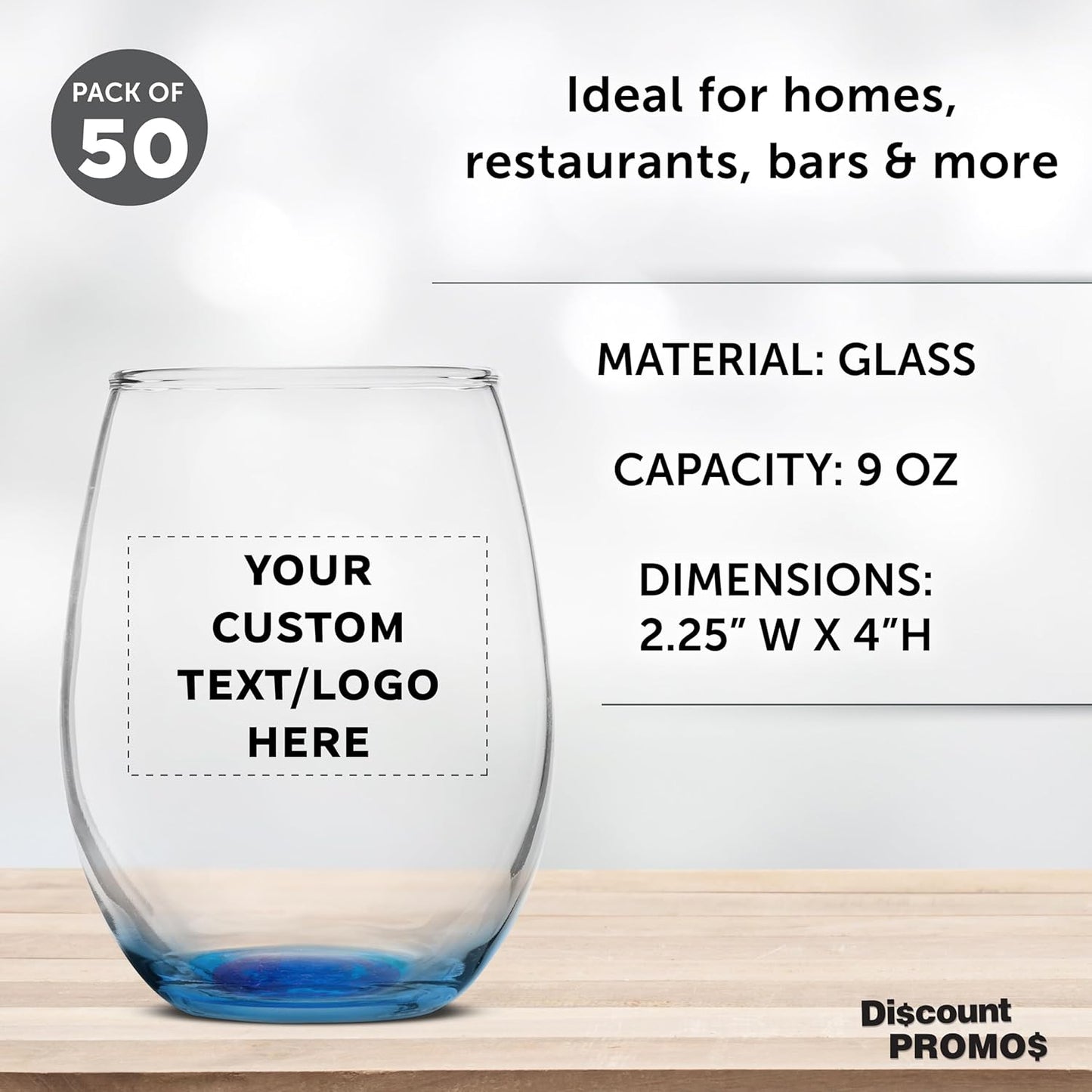 Custom Stemless Wine Glass 9 oz. Set of 50, Personalized Bulk Pack - Great for Wedding Favors, Bachelorette Party Decorations, Party Favors, Color Bottom - Blue