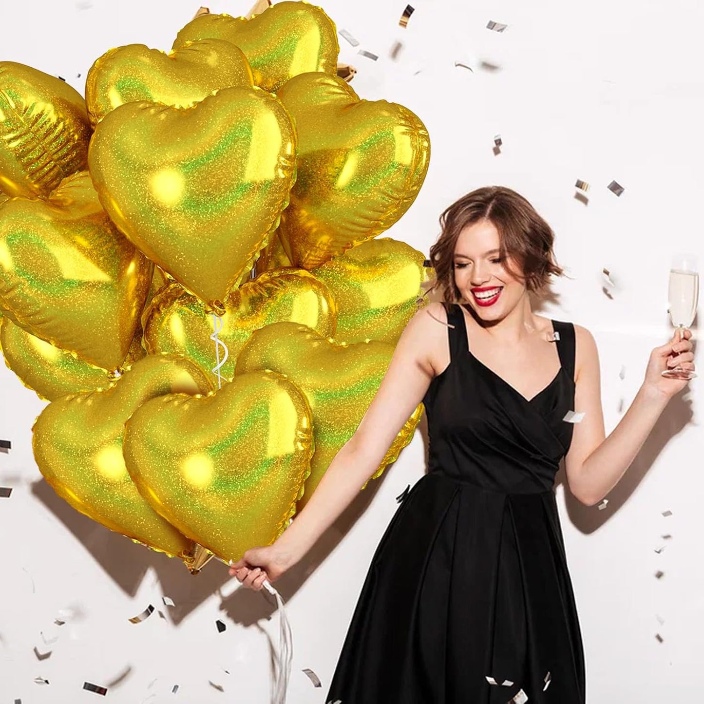 Biapian Glitter Gold Heart Balloons - 10PCS Foil, 18inch Valentines Love Balloons for Valentines Day, Wedding, Graduation, Birthday, Baby Shower Party Decorations