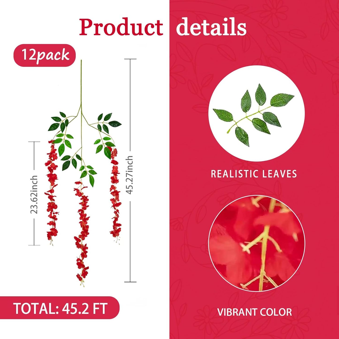 12 Pack Red Wisteria Hanging Flowers Garland, 3.77 Feet Artificial Flower Vines, Fake Wisteria, Artificial Vines Hanging Garland for Backdrop Outdoor Yard Garden Decor