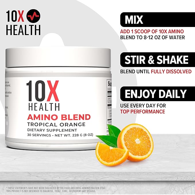 10X Health Amino Blend Pre Workout Powder for Men - Tropical Orange Flavor - EAA & BCAA Powder Amino Acids Supplement for Energy, Muscle Strength & Performance – Pre and Post Workout - 30 Servings