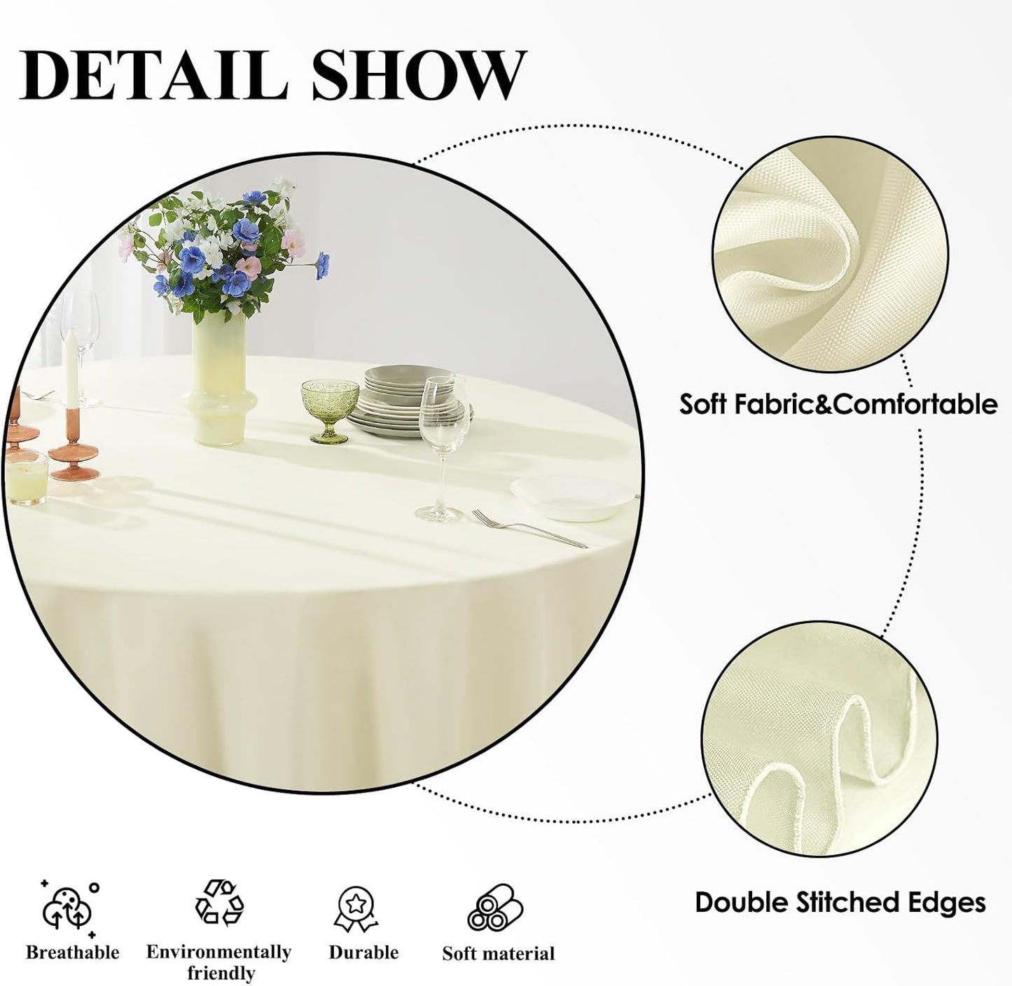 Round Tablecloth 132 Inch 6 Pack Ivory Tablecloths Washable Decorative Linen Polyester Table Clothes Cover for Dining Table Banquets Buffet Parties and Wedding