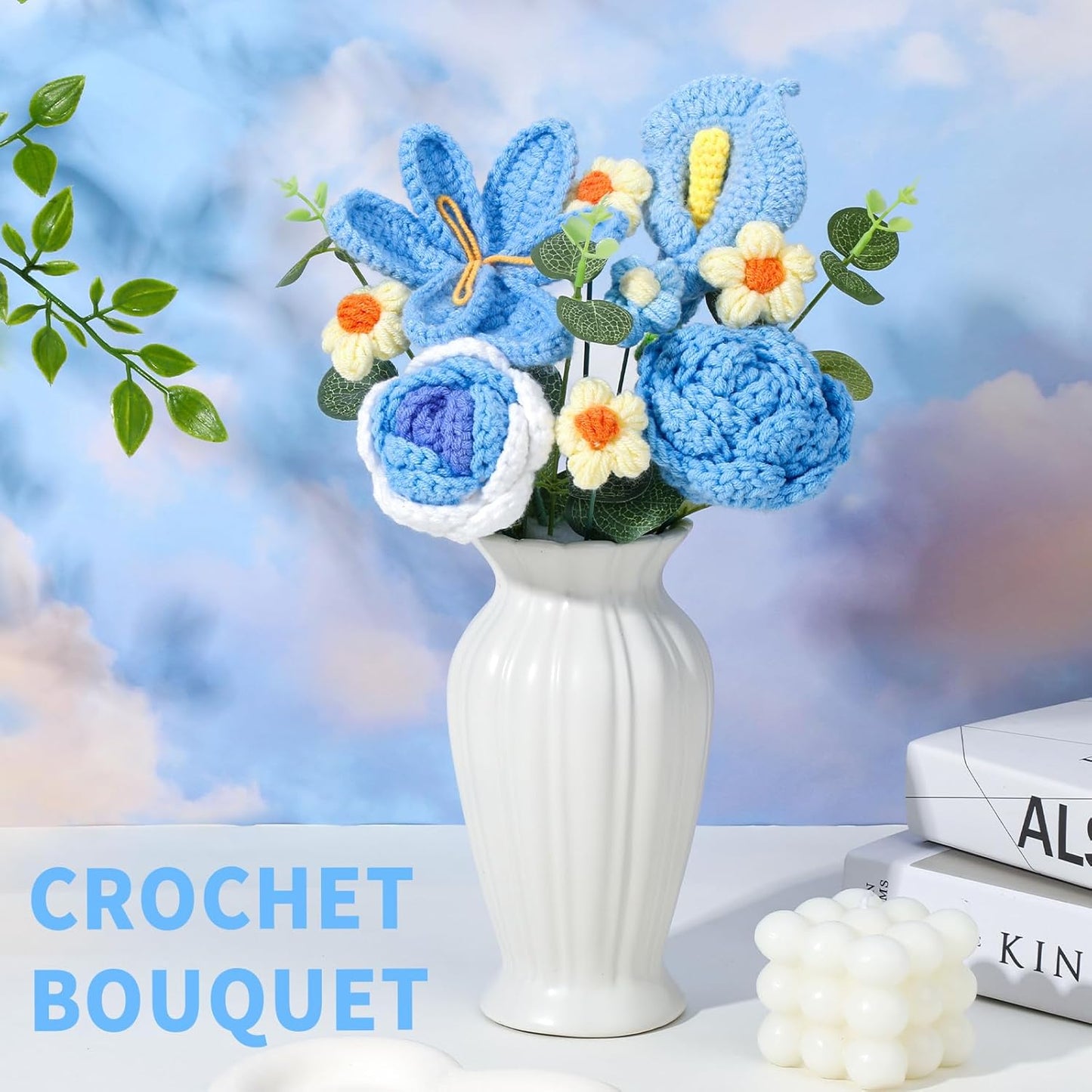 Crochet Flowers Bouquet, Handmade Crochet Flowers Knitted Bouquet, Tulips Flower Bouquet and Calla Lily for Birthday, Teacher’s Day, Graduation, Valentines (Blue)