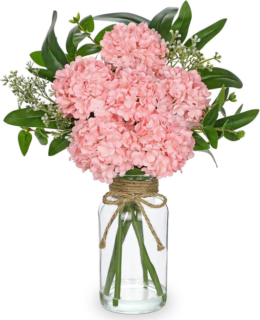 Hollyone Pink Hydrangea Artificial Flowers in Clear Glass Vase with Faux Water Silk Hydrangeas Fake Flowers Floral Arrangement for Home Bathroom Kitchen Office Table Centerpiece Shelf Decorations