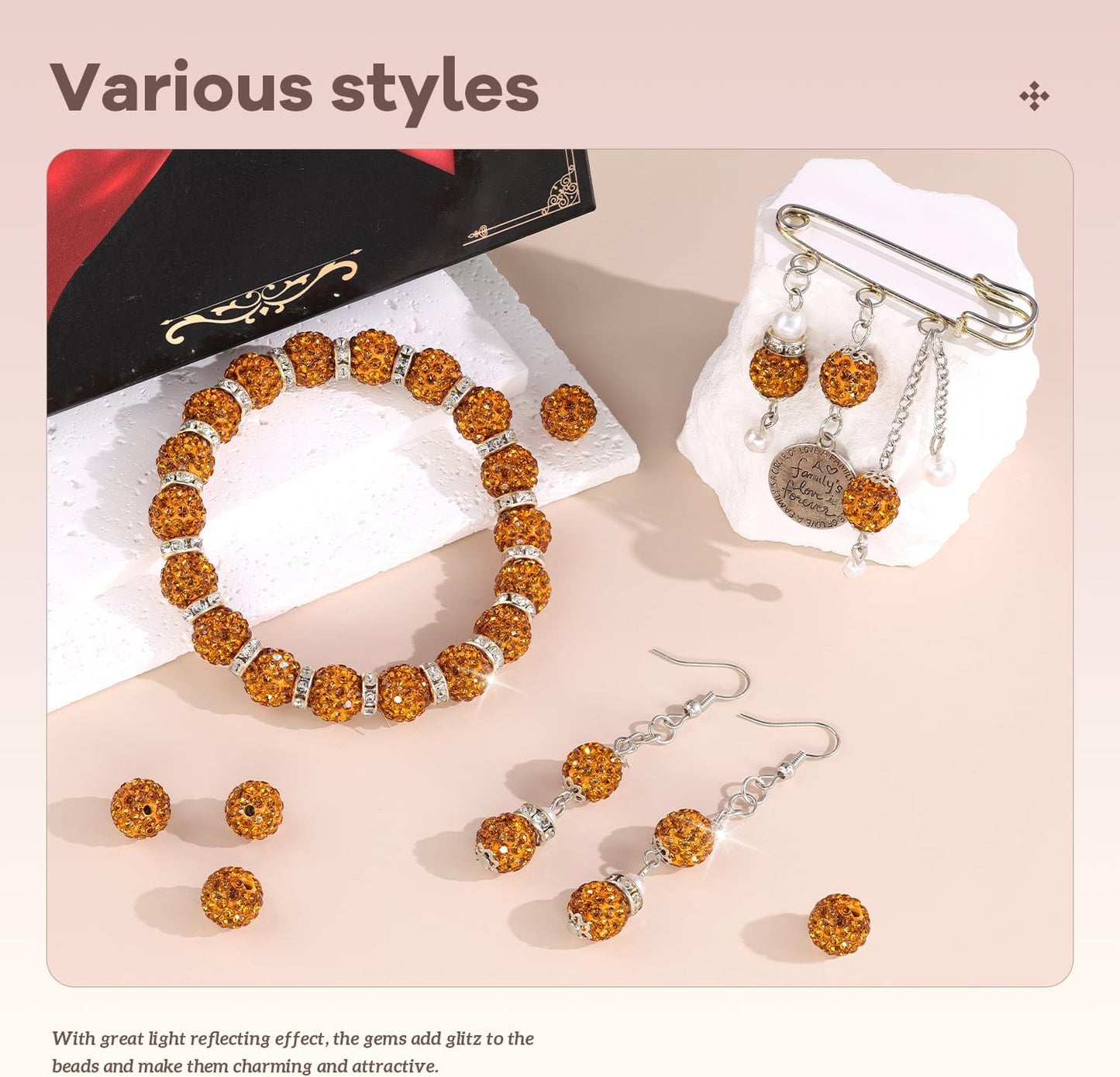 105pcs 10mm Rhinestone Beads for Jewelry Making, Golden Shiny Round Disco Ball Beads Bulk, Sparkle Crystal Clay Christmas for Bracelet Baseball Necklace Earring Crafting and DIY