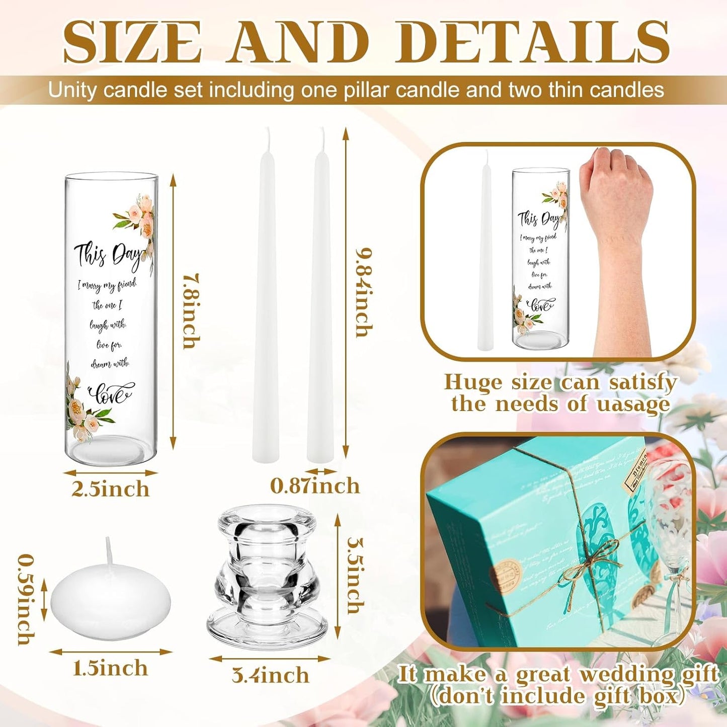 Irenare Unity Candles with Holder for Wedding Ceremony Wedding Decortions Accessories Glass Candle Holder Pillar Candle for Formal Events Church(Fresh Style)