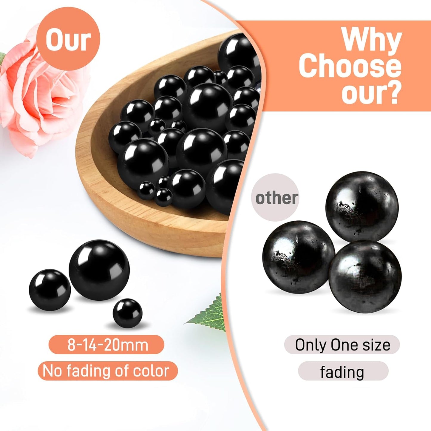 120 PCS 8/14/20mm No Hole Polish Pearl Beads for Centerpiece, Black Beads Decorative Vase Fillers, Plastics Pearls for Vases, Table Scatters, Wedding Party Decor