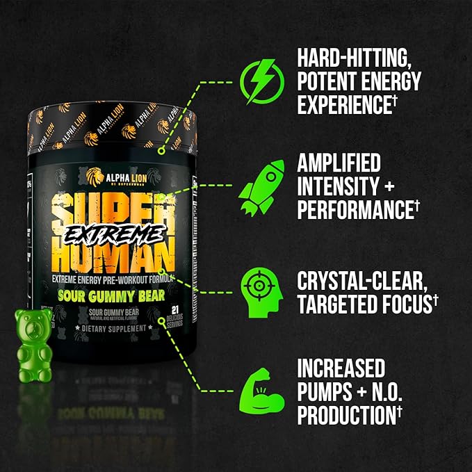 ALPHA LION Superhuman Extreme High Stim Pre Workout Powder, Beta Alanine, L-Taurine & 356mg Tri-Source Caffeine for Sustained Energy, Nitric Oxide & Citrulline for Pump (21 Servings, Sour Gummy Bear)