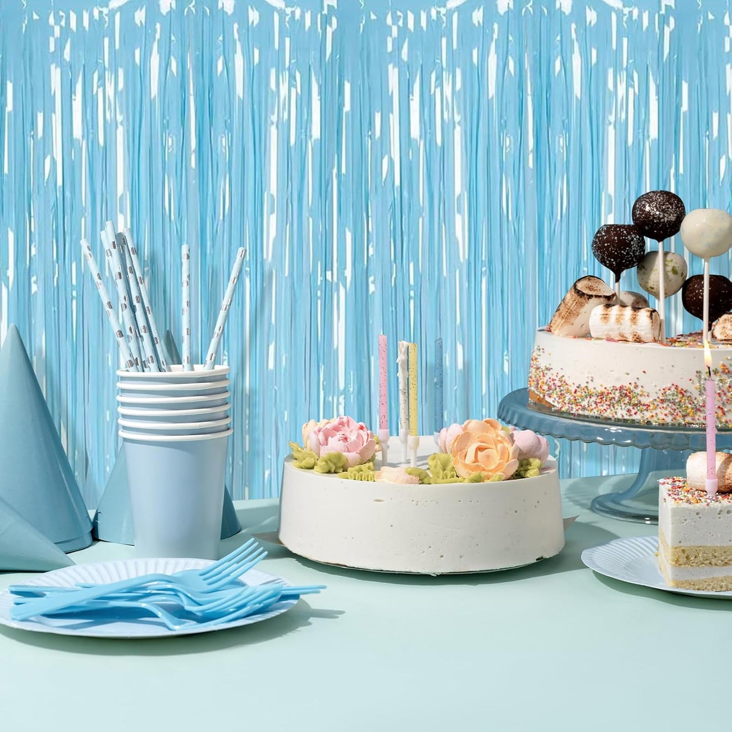 5 Pack Blue Foil Curtain Backdrop 3.2ft x 8.2ft Tinsel Foil Fringe Curtains Macaron Photo Booth Streamer Backdrop for Party Decorations Birthday Baby Shower Bachelorette Holiday Decor (Pastel Blue)