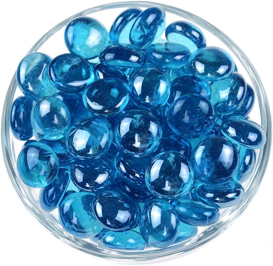 KINGOU Flat Glass Gems/Marbles/Stones/Beads for Vase Filler, Table Scatter, Games - 1 Lbs (17-19mm, Approx. 3/4")- Aqua Blue