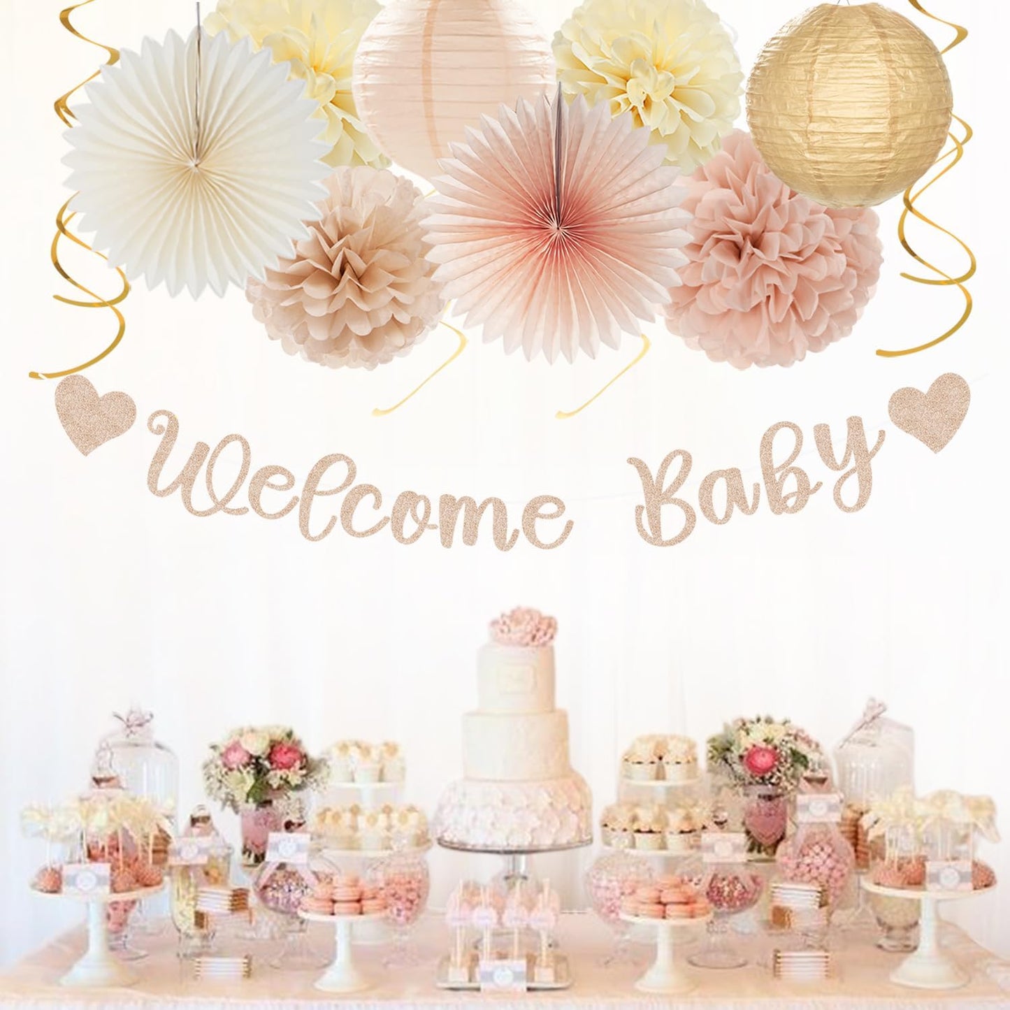 Champagne-Gold Beige Fall Baby-Shower Party-Decorations - 36pcs Welcome Home Banner Sign,Neutral Paper Lanterns,Girl Streamers Garland,Boho Hanging Tissue Pom Poms Flowers Fans Backdrop Decor Burgleda
