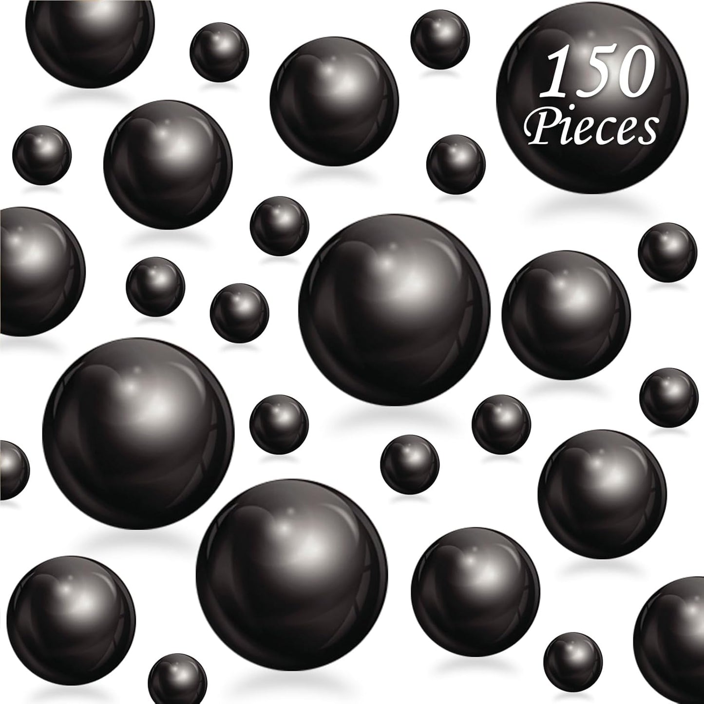150Pcs Black Polished No Hole Faux Pearl Beads for Vase Filling Decorations, Plastic Pearls Vase Fillers, Table Scatters, Wedding Centerpiece, Home Decor, 8/14/20 mm