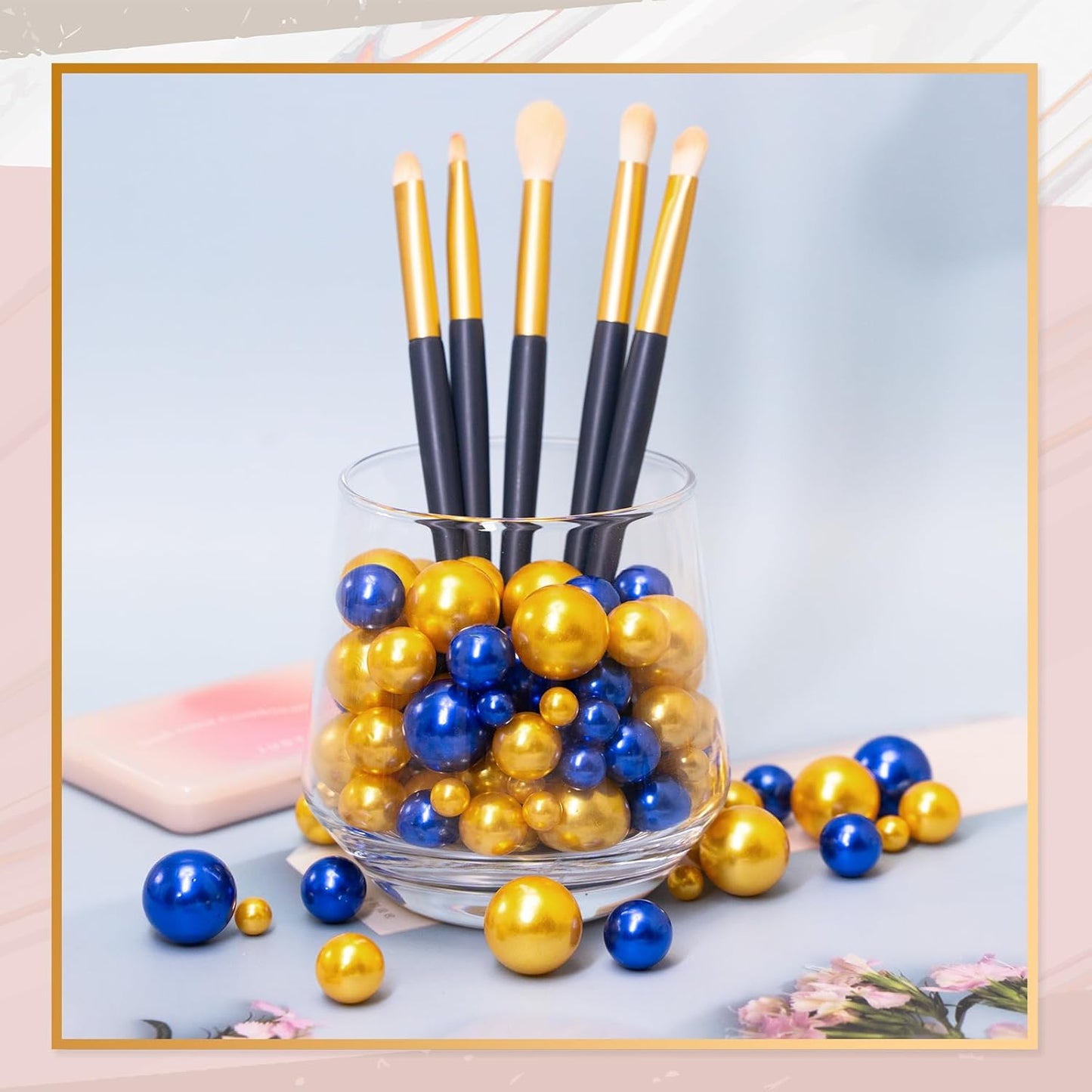 300Pcs Vase Filler Blue and Golden Yellow No Hole Faux Pearl Beads for Vase Filling Decorations, Candle Centerpieces, Wedding Centerpieces, Home Party Decor (8/14/20mm)