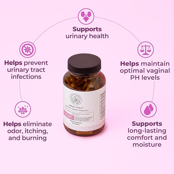 Happy Mammoth Venus Vital 3-in-1 Women’s Health Probiotic Formula Supports Vaginal, Urinary & Gut Health. Fast & Long-Lasting Relief from Vagina Odor, Itching, Burning, and Discomfort. 60 Caps.