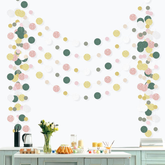 Outus 5 Pieces Colorful Dots Paper Garland Round Glitter Garland Hanging Confetti Streamers Backdrop for Candy Birthday Classroom Halloween Trunk or Treat Car Decoration (Sage Green,Pink,Gold)