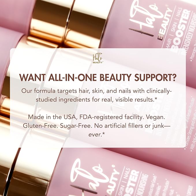 Halo Beauty Hair, Skin & Nails Refill Pack - 60 Capsule Vegan Biotin, Collagen & Keratin Supplement - Visibly Thicker Hair, Radiant Skin & Stronger Nails