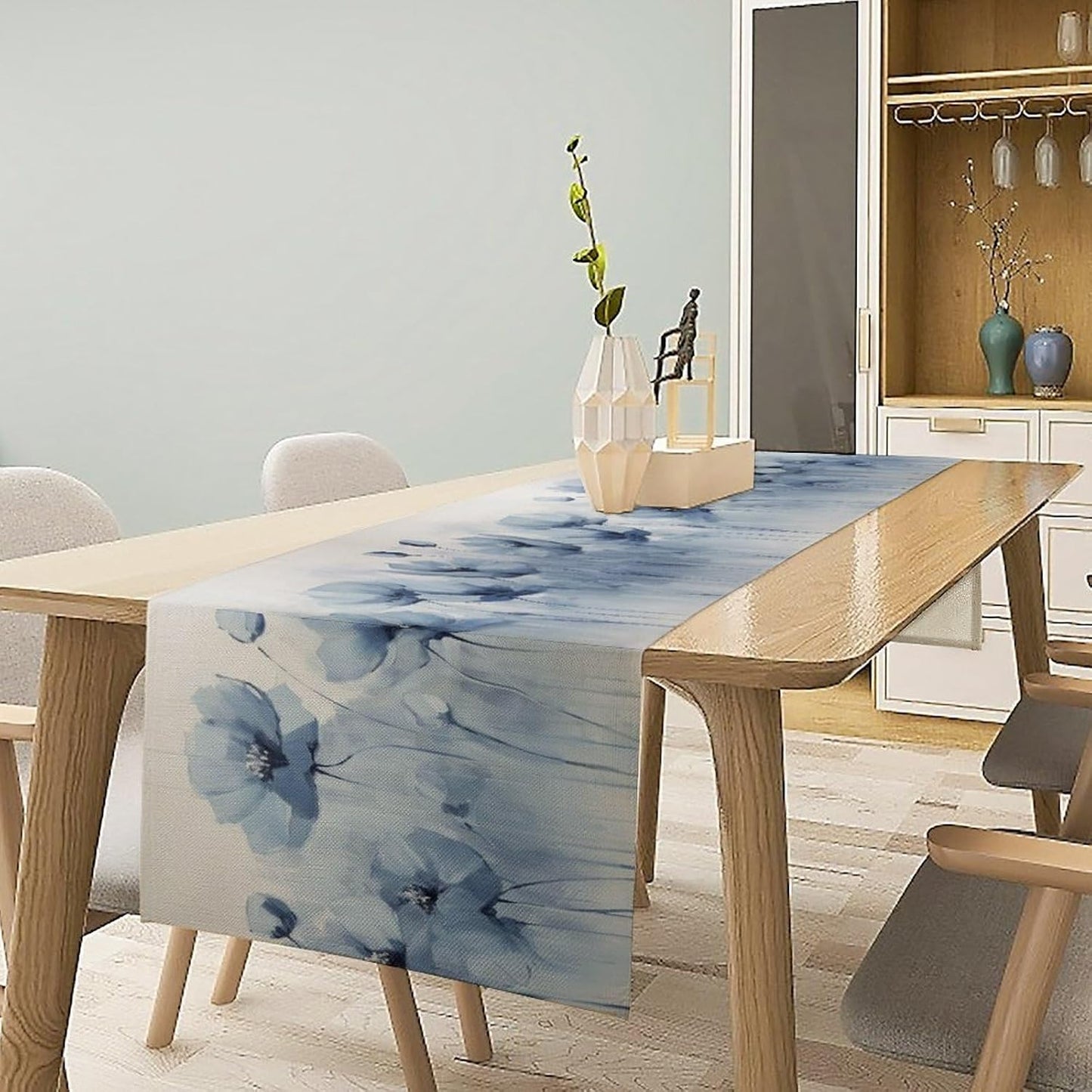 Abstract Floral Table Runner, Blue Poppy Flower Modern Art Print Kitchen Dinning Table Runner for Indoor Outdoor Home Wedding Party Holiday, 13x36 Inch