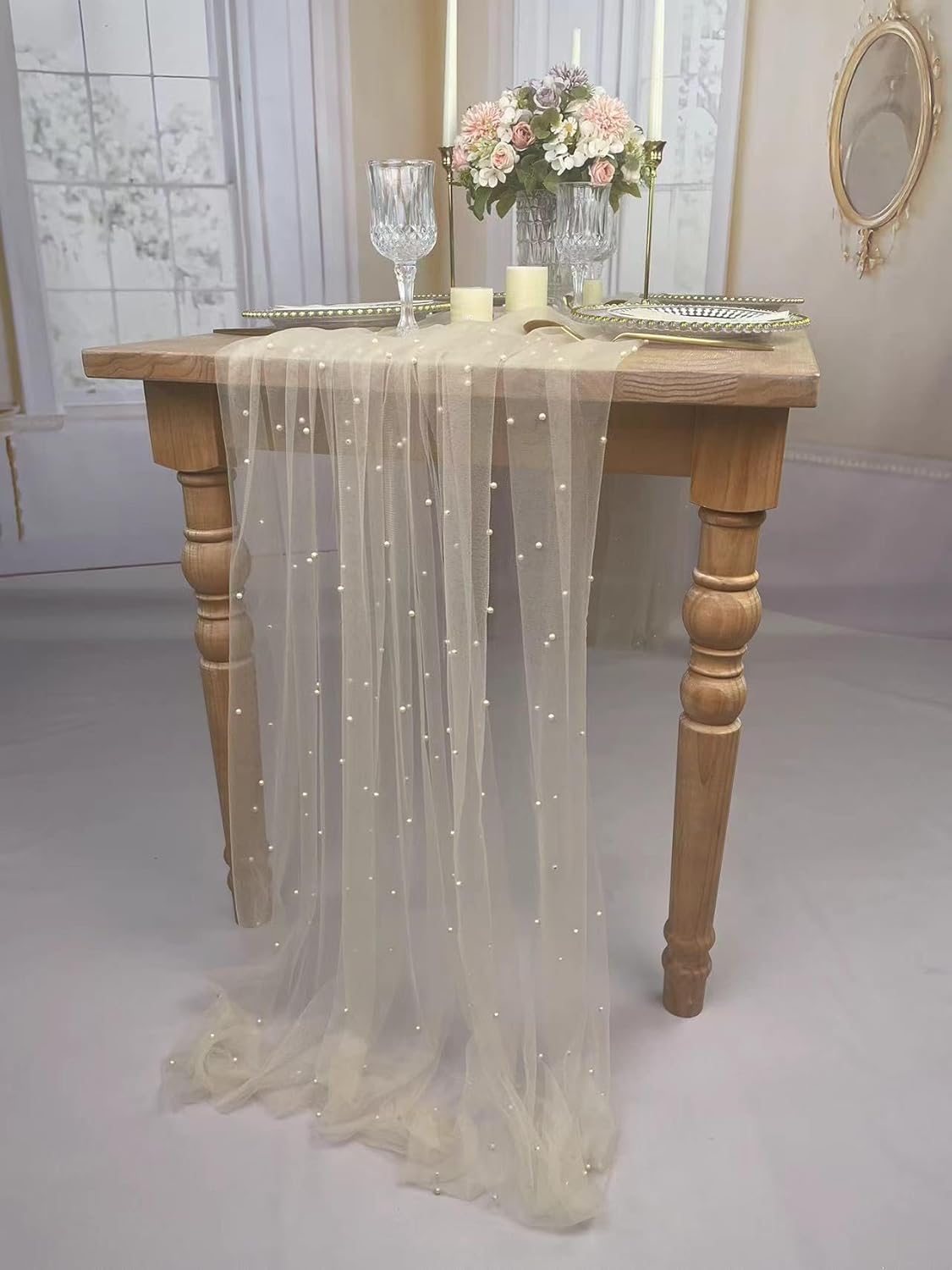 EHLDekol Pearl Table Cloth Elegant Polyester Table Runner with Artificial Pearl Accents Extra Long 10ft 60 x 120 Inches Pearl Tulle Table Runner for Wedding (60inch Width, Champagne, 1 Piece)