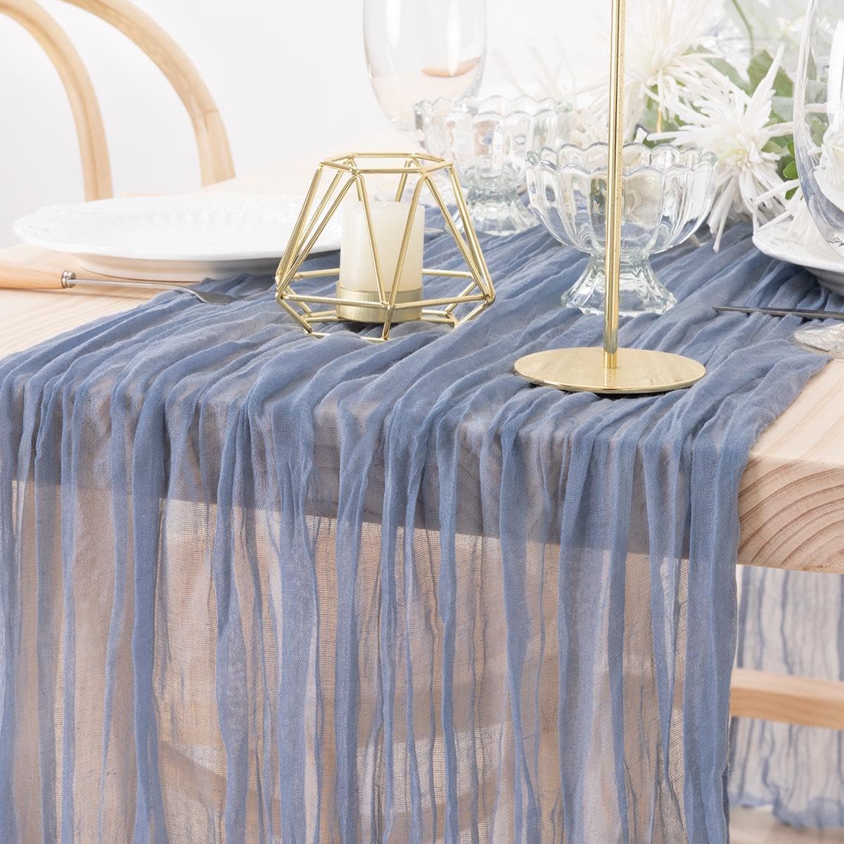 MLMW 6 Pack Dusty Blue Table Runner Cheesecloth Gender Reveal Boho Gauze Rustic Cheese Cloth Table Runner 160 inch Sheer 13.3ft for Wedding Party Baby Bridal Shower Birthday