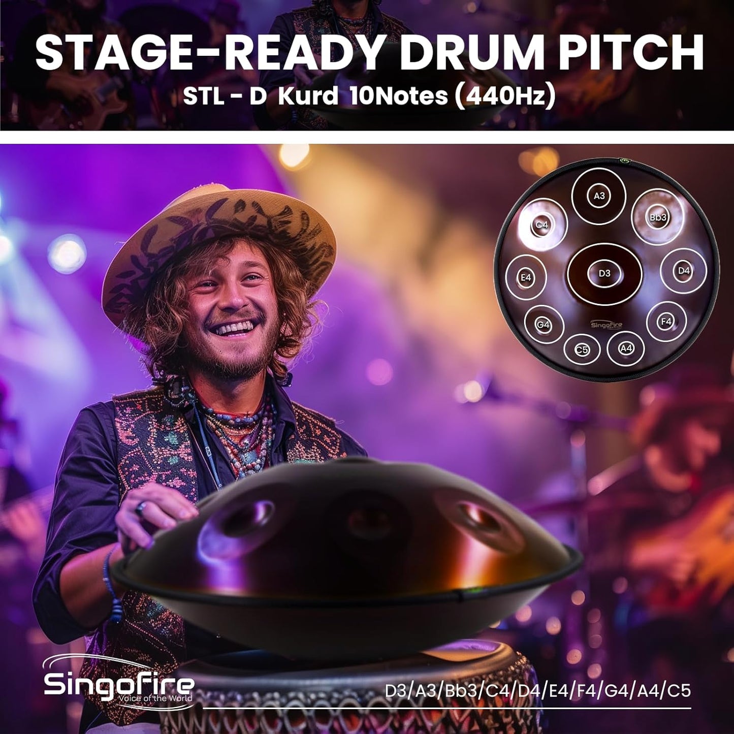 "SINGOFIRE" 10-Notes Handpan Drum, Handpan Drums for Adults, 22-Inch 440Hz D Minor Kurd Handpan, HandPan Instrument with Soft Handpan Bag, 2 Handpan Mallets, Handpan Stand and Dust-Free Cloth(Purple)