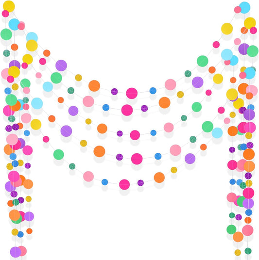 Outus 5 Pieces Colorful Dots Paper Garland Round Glitter Garland Hanging Confetti Streamers Backdrop for Candy Birthday Classroom Halloween Trunk or Treat Car Decoration (Rainbow)