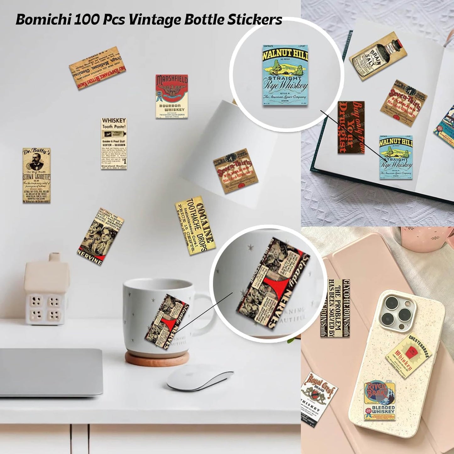 100 Pcs Vintage Wine Bottle Stickers,Liquor Bottle Lable Stickers for Envelope Seal, Scrapbook,Journals,Holiday Decor, DIY Crafts,Water Bottle