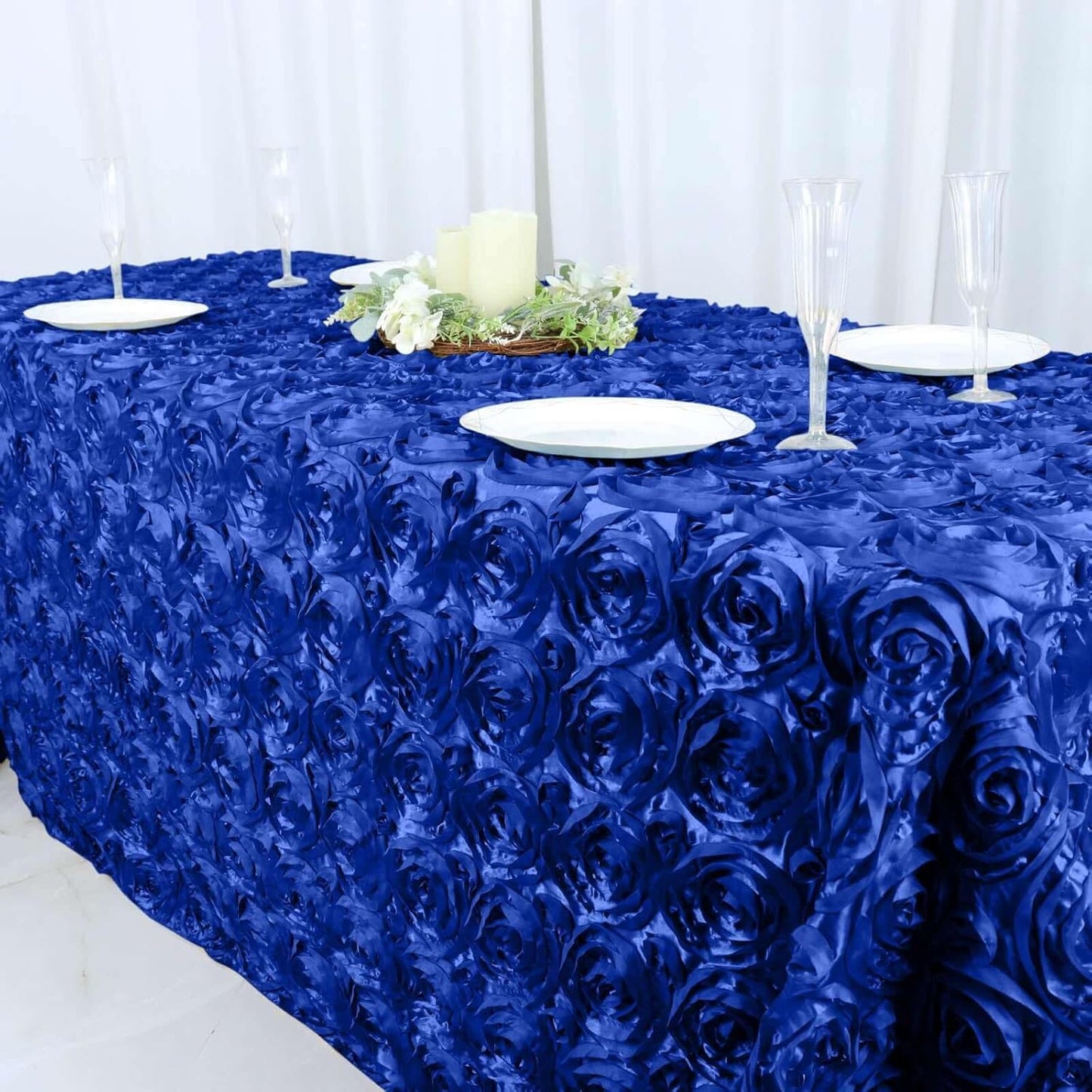 Efavormart 90"x132" Wholesale Rectangle Table Cover Royal Blue Grandiose Rosette 3D Satin Tablecloth for Wedding Party Event